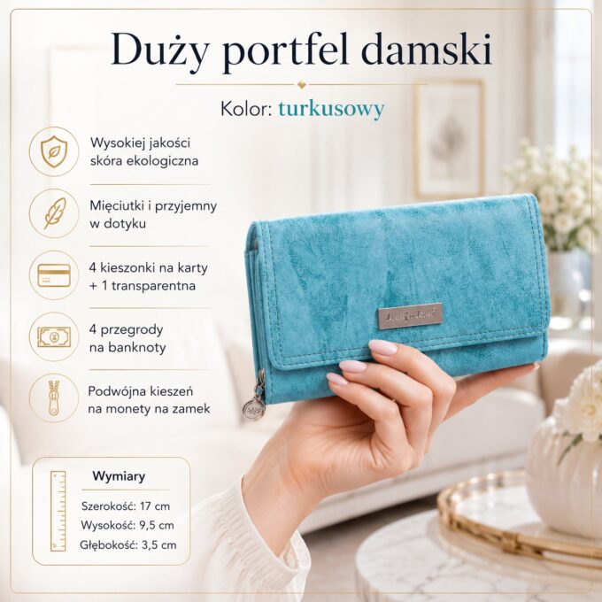 Turkusowy portfel damski z eko-skóry, zamknięty, z przodu, w dłoni, z klapką i detalem logo