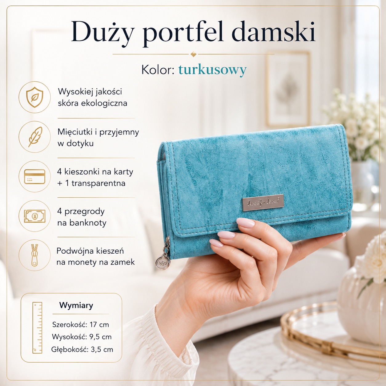 Turkusowy portfel damski z eko-skóry, zamknięty, z przodu, w dłoni, z klapką i detalem logo