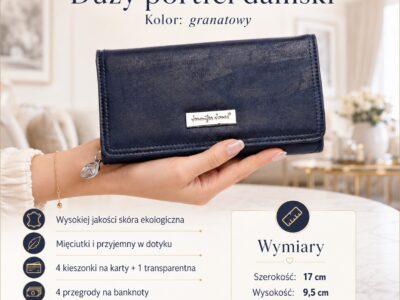Granatowy damski portfel z eko skóry, ujęcie z przodu w dłoni, zamknięty