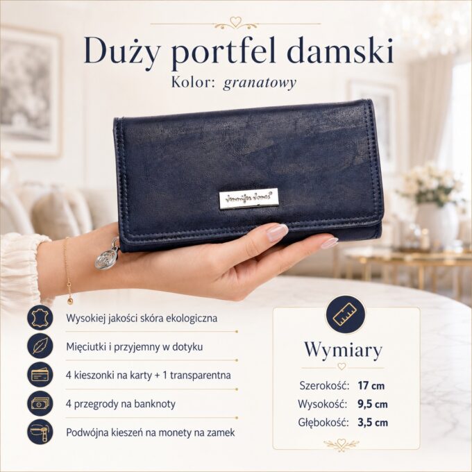 Granatowy damski portfel z eko skóry, ujęcie z przodu w dłoni, zamknięty