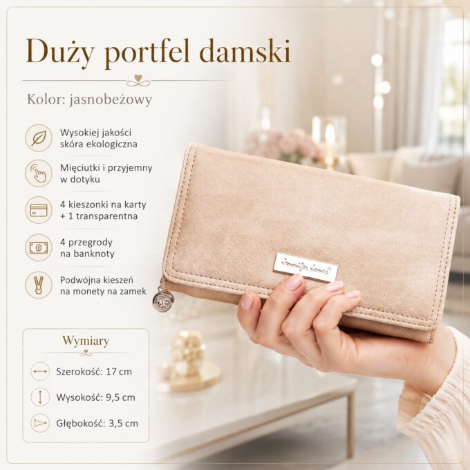 Zamknięty, duży portfel damski ecru z przodu, ze skórki ekologicznej i ozdobną plakietką