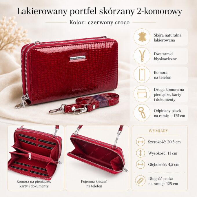Czerwony lakierowany portfel skórzany z paskiem na ramię, zamknięty, z przodu
