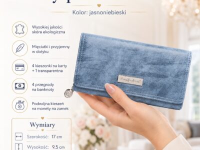 Jasnoniebieski portfel damski zamknięty, z przodu, trzymany w dłoni