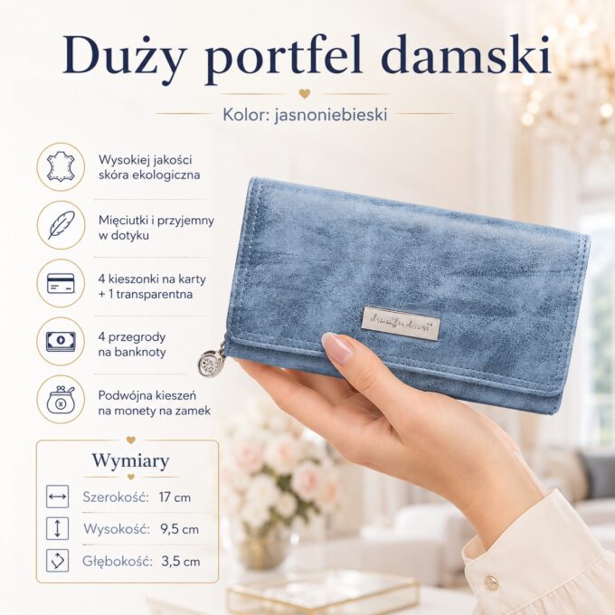 Jasnoniebieski portfel damski zamknięty, z przodu, trzymany w dłoni