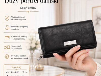 Czarny damski portfel Jennifer Jones, zamknięty, z przodu, z miękkiej skóry ekologicznej