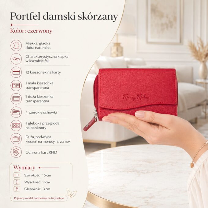 Czerwony damski portfel ze skóry naturalnej, trzymany w dłoni, widok z przodu