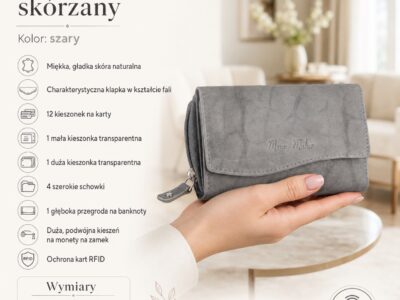 Szary damski portfel ze skóry naturalnej, ujęcie z przodu na dłoni