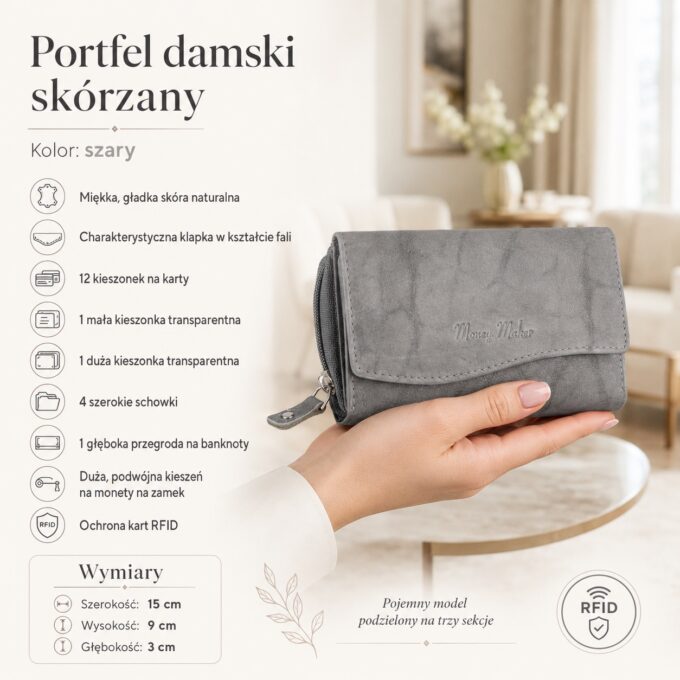 Szary damski portfel ze skóry naturalnej, ujęcie z przodu na dłoni