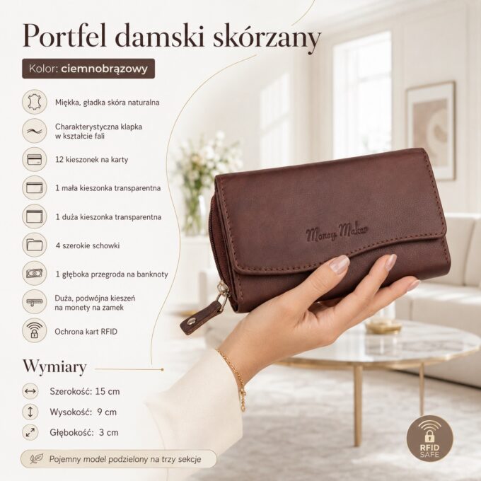 Ciemnobrązowy damski portfel skórzany w dłoni, zamknięty, z klapką i detalem RFID