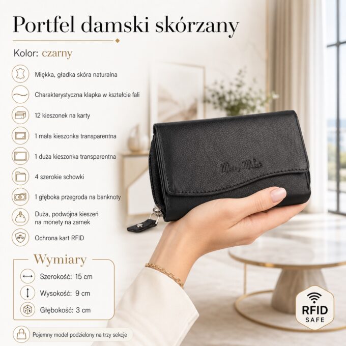 Czarny skórzany portfel damski w dłoni, widok z przodu