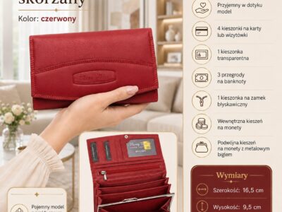 Czerwony skórzany portfel damski Money Maker, przód i otwarte wnętrze z kieszeniami