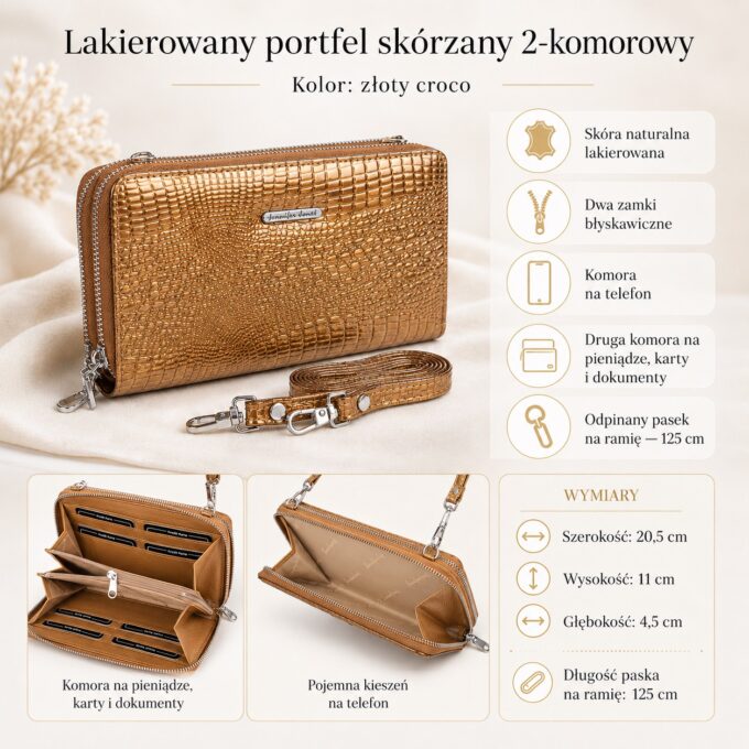 Złoty lakierowany portfel Jennifer Jones z paskiem, widok z przodu i detal zamka