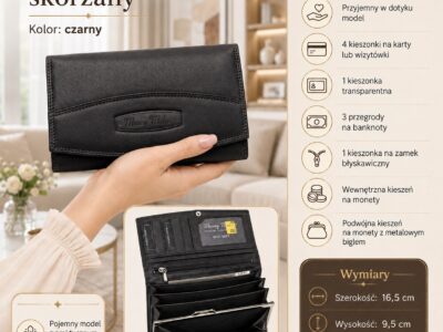 Czarny skórzany portfel damski Money Maker, przód i otwarte wnętrze