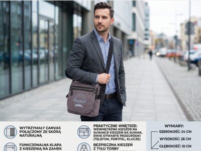 Męska szara listonoszka canvas i skóra naturalna, widok z przodu na modelu
