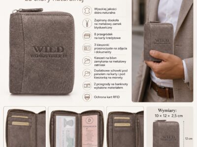 Szary skórzany portfel męski WILD, zamknięty, widok z przodu