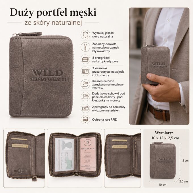 Szary skórzany portfel męski WILD, zamknięty, widok z przodu
