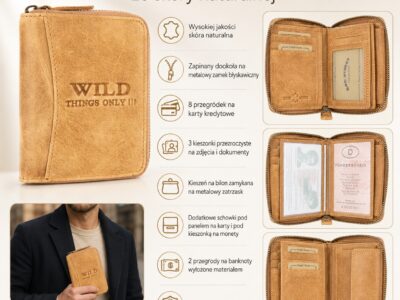 Zamknięty piaskowy portfel skórzany Wild's RFID, ujęcie z przodu i zbliżenie