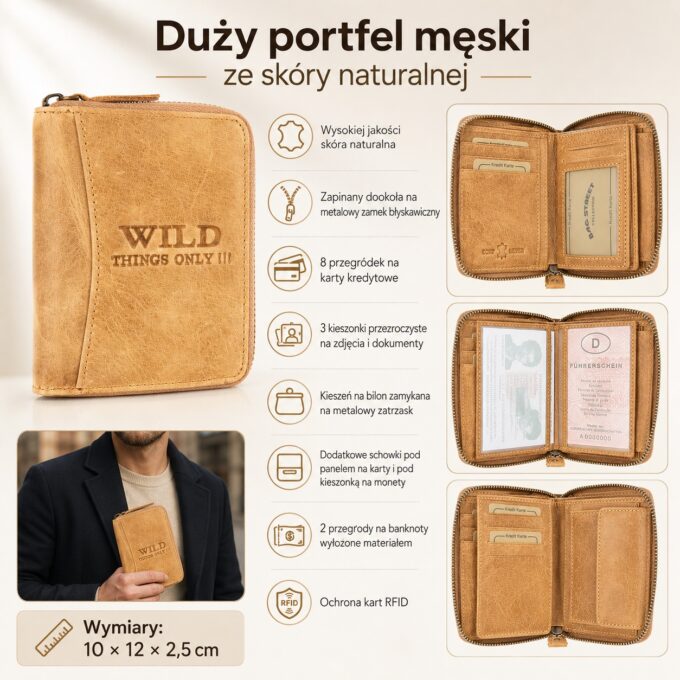 Zamknięty piaskowy portfel skórzany Wild's RFID, ujęcie z przodu i zbliżenie