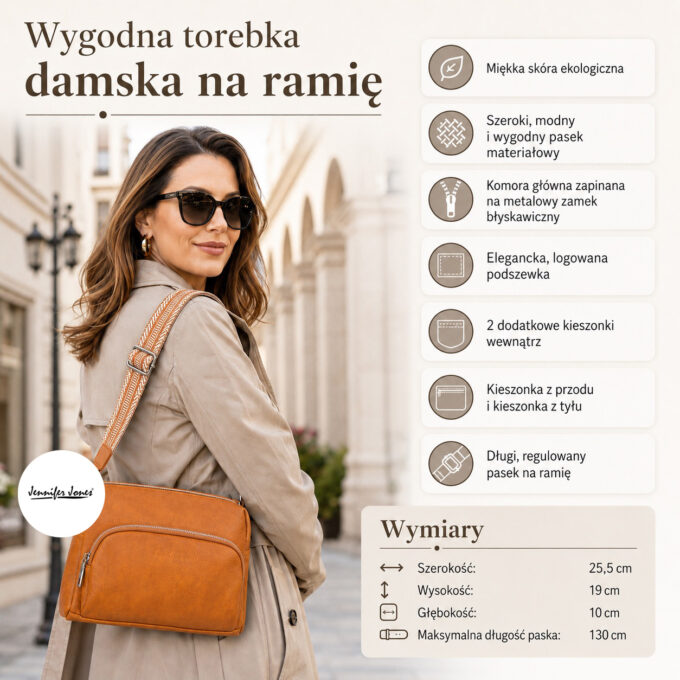 Koniakowa torebka damska na ramię, przód z kieszenią i regulowanym paskiem