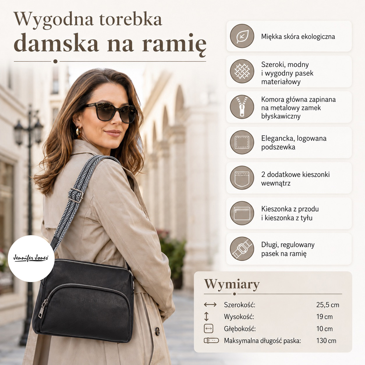 Czarna damska torebka na ramię, ujęcie z przodu, z paskiem i kieszenią zewnętrzną, skóra ekologiczna