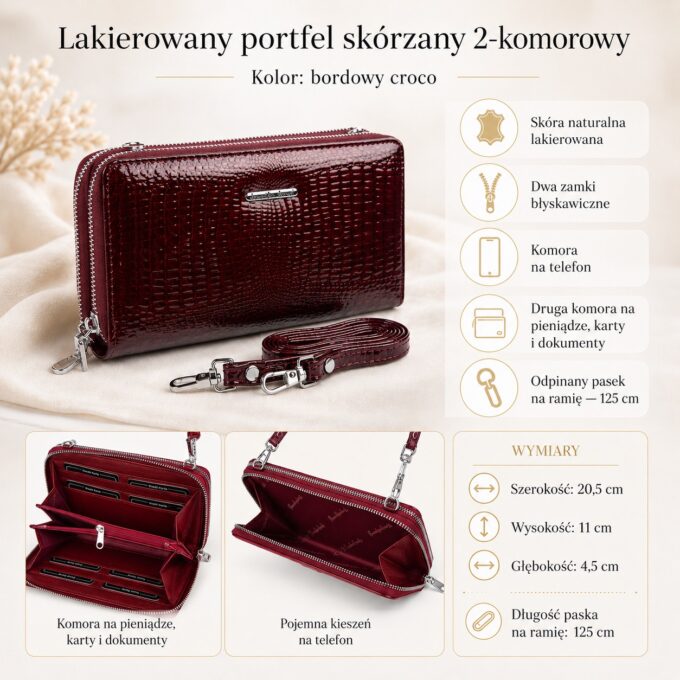 Bordowy lakierowany portfel skórzany z paskiem i otwartym wnętrzem