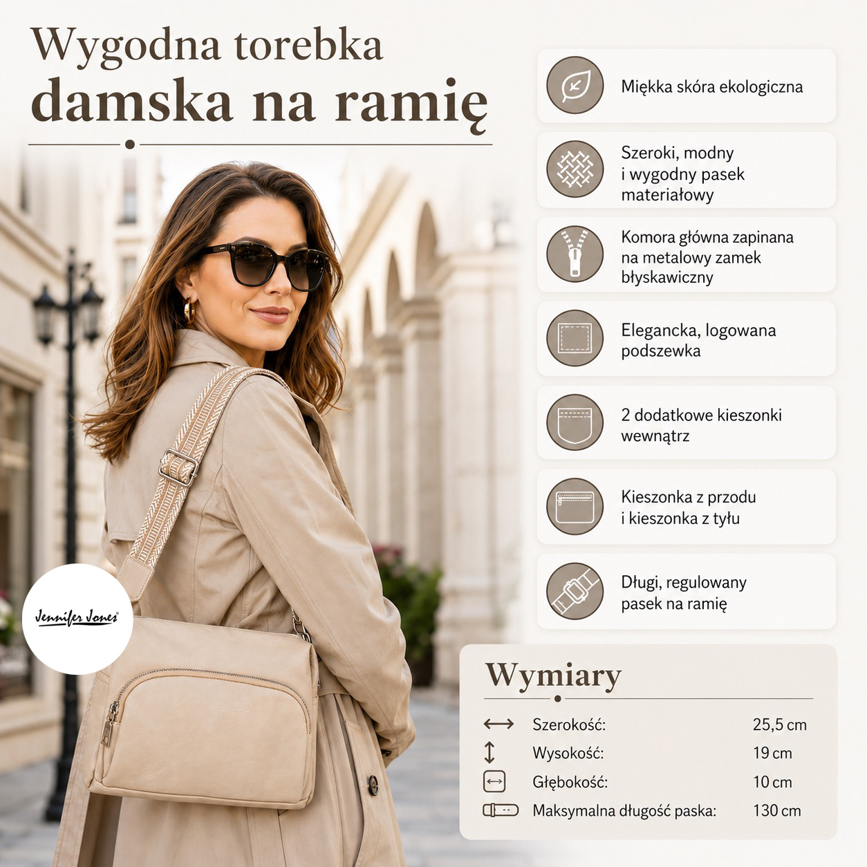 Jasnobeżowa torebka damska na ramię z przodu, z kieszenią i szerokim paskiem