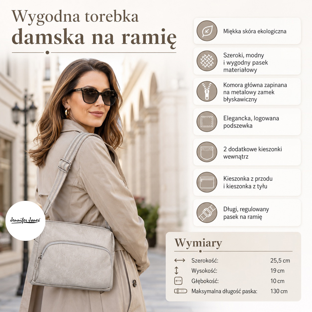 Kobieta w beżowym płaszczu z jasnoszarą torebką na ramię z miękkiej eko skóry