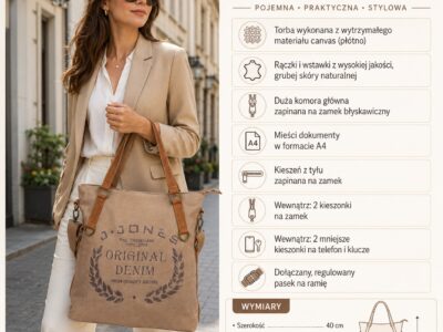 Beżowa duża torba canvas ze skórzanymi uchwytami, widok z przodu