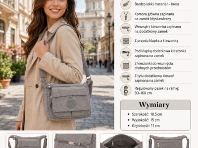 Mała lekka torebka damska wykonana z kreszu w kolorze szarym - obrazek 7