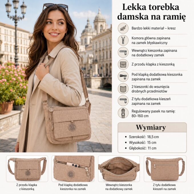 Beżowa lekka torebka damska na ramię, przód z klapką i kieszenią, materiał kreszowany