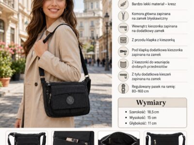 Mała lekka torebka damska wykonana z kreszu w kolorze czarnym - obrazek 7