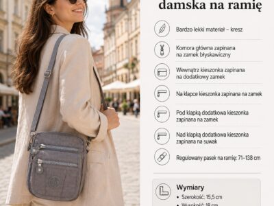 Szara materiałowa torebka damska na ramię, widok z przodu z regulowanym paskiem