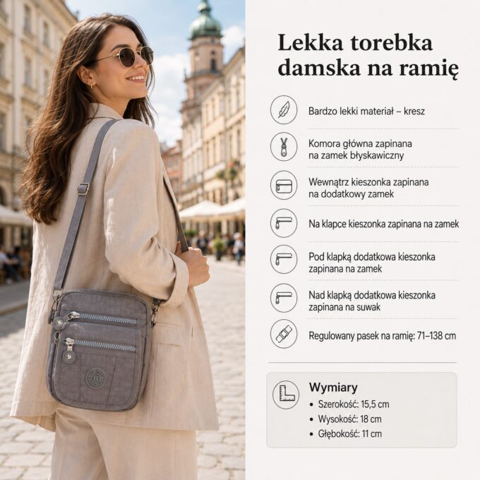 Szara materiałowa torebka damska na ramię, widok z przodu z regulowanym paskiem