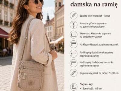 Mała lekka torebka damska wykonana z kreszu w kolorze beżowym - obrazek 8