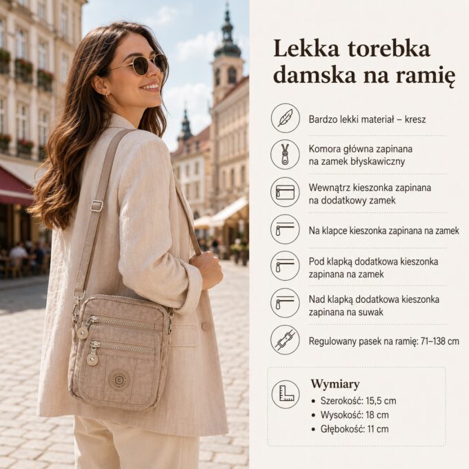 Beżowa mała torebka damska na ramię z przodu, z kieszeniami i zamkiem