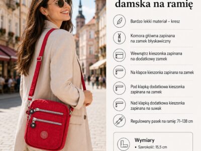 Mała czerwona torebka na ramię z przodu, z kieszeniami na suwak i klapką