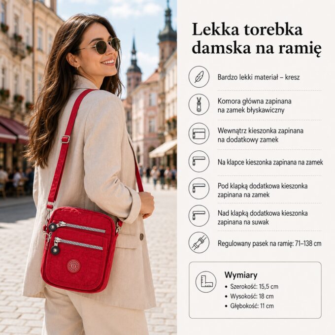 Mała czerwona torebka na ramię z przodu, z kieszeniami na suwak i klapką