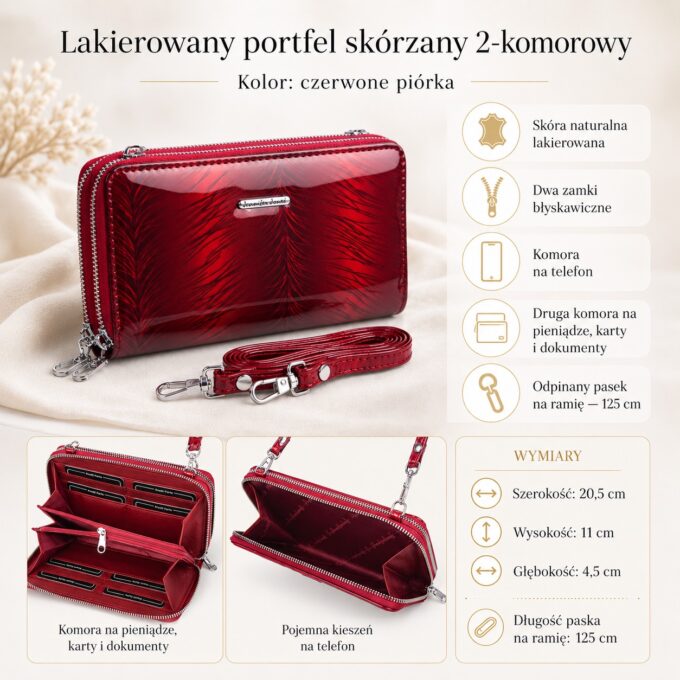 Czerwony lakierowany portfel skórzany z paskiem, widok przodu z detalem zamków błyskawicznych
