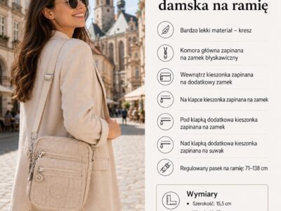 Jasnobeżowa torebka na ramię z przodu, z kieszeniami i suwakiem, na modelce