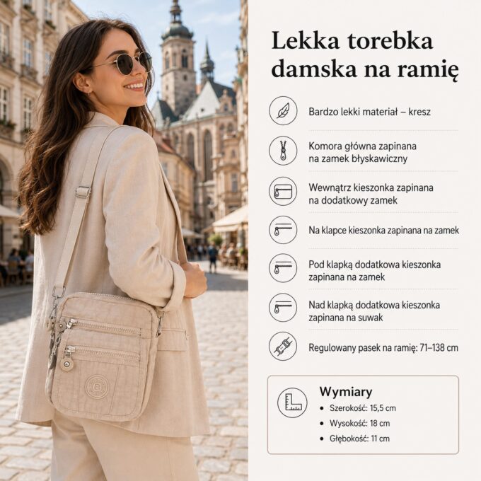 Jasnobeżowa torebka na ramię z przodu, z kieszeniami i suwakiem, na modelce