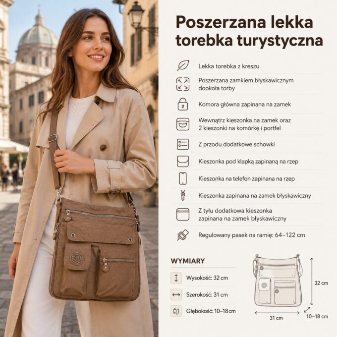 Brązowa torba materiałowa na ramieniu, z przodu z kieszeniami i suwakiem