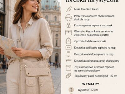 Jasnobeżowa torba na ramię z przodu, z kieszeniami i regulowanym paskiem