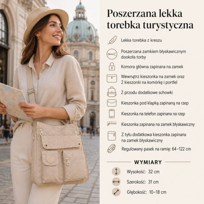 Jasnobeżowa torba na ramię z przodu, z kieszeniami i regulowanym paskiem