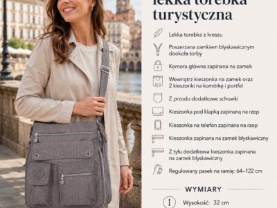 Szara materiałowa torba damska z przodu, z kieszeniami i paskiem na ramię