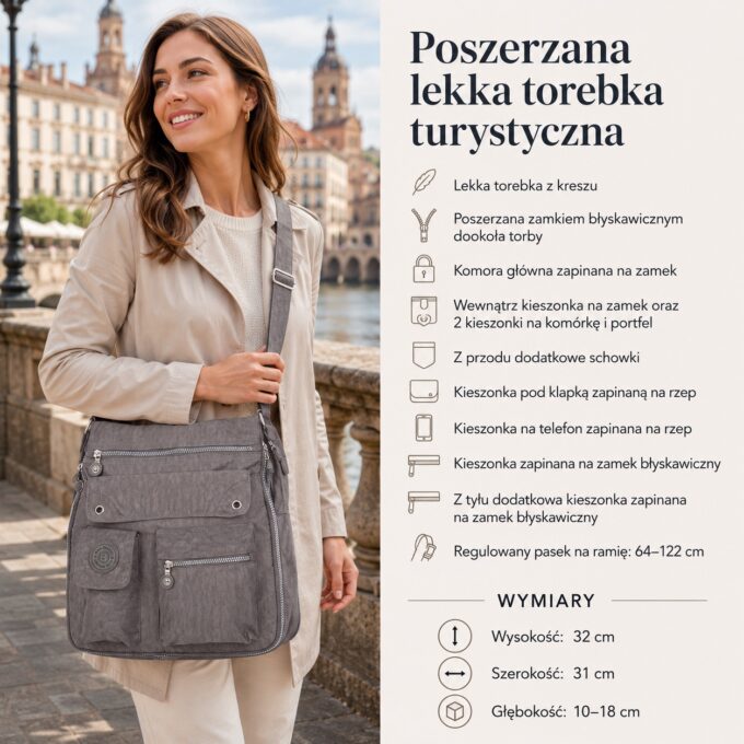 Szara materiałowa torba damska z przodu, z kieszeniami i paskiem na ramię