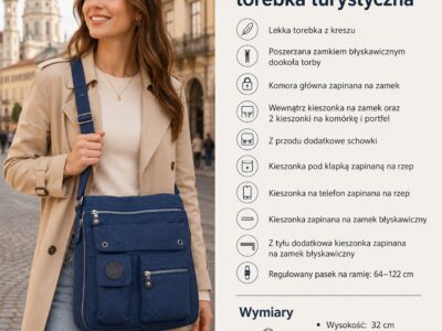 Niebieska materiałowa torba damska na ramię z kieszeniami, z przodu