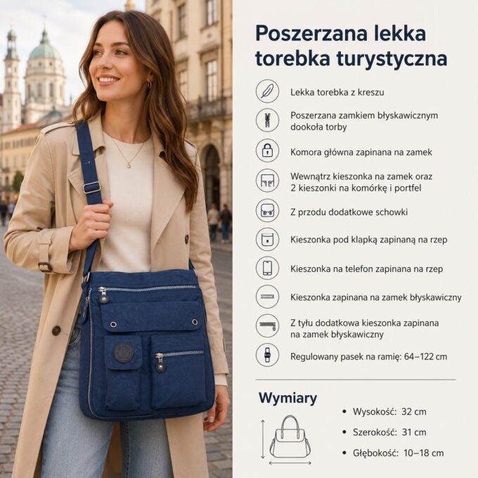 Niebieska materiałowa torba damska na ramię z kieszeniami, z przodu
