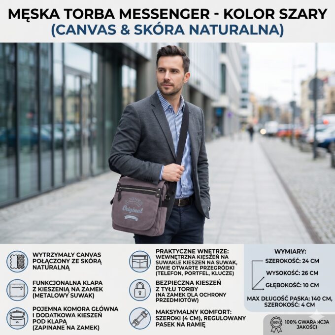 Męska szara listonoszka canvas i skóra naturalna, widok z przodu na modelu