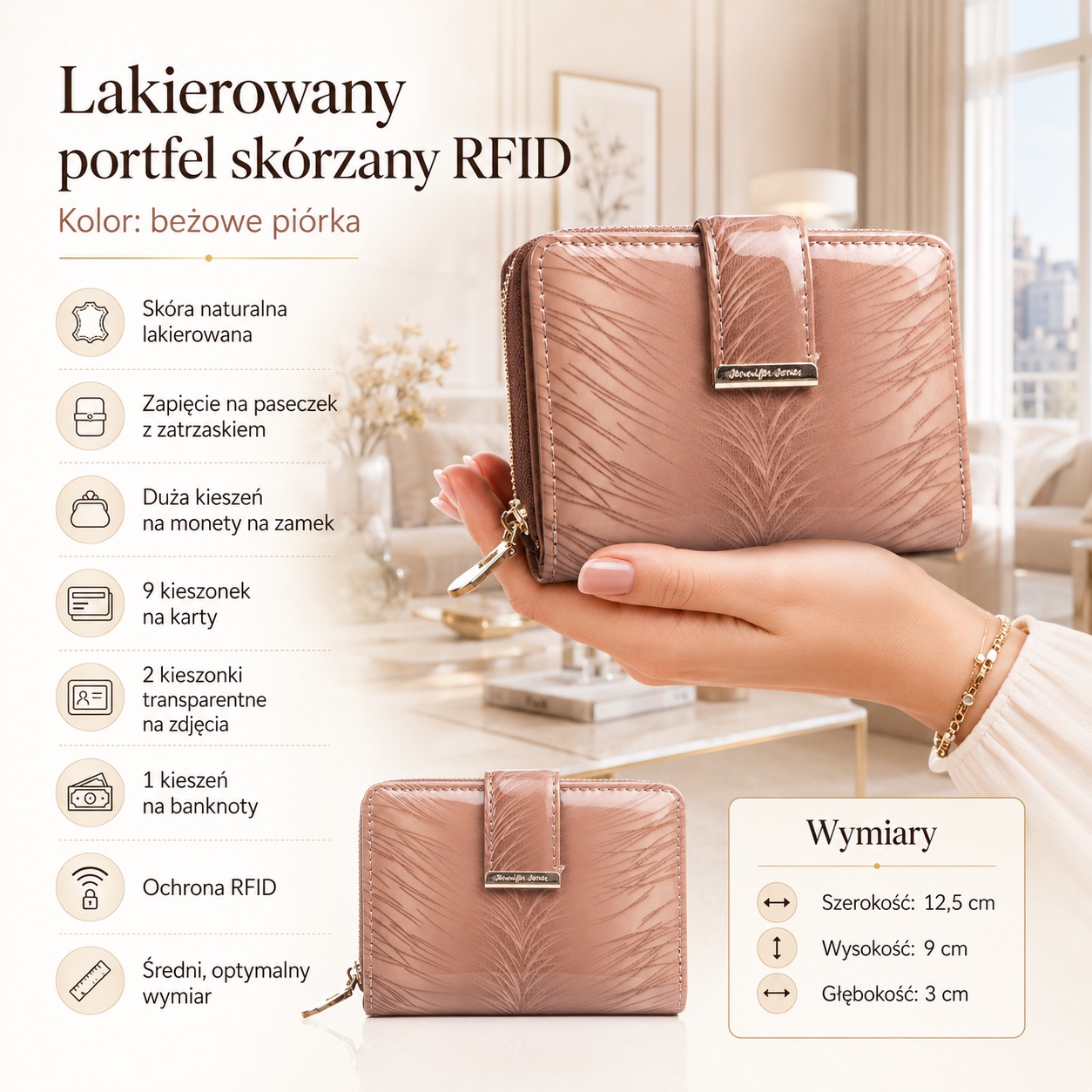 Beżowy lakierowany portfel damski z klapką i metalowym zapięciem, widok z przodu
