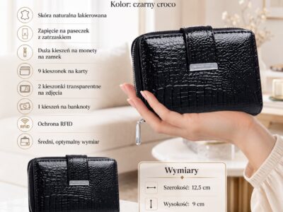 Czarny lakierowany portfel damski croco, zamknięty, z przodu i z boku